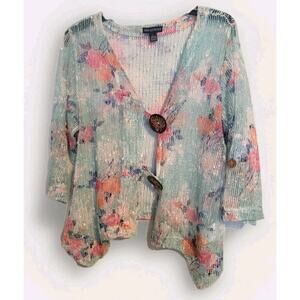 Nina Leonard Open Knit Cardigan Mesh Boho Festival Beachy Resort Ornate Buttons